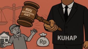 Ilustrasi digital sarkastik yang menggambarkan sistem hukum otoriter Indonesia melalui Revisi KUHAP dan RUU Perampasan Aset, menyoroti ancaman terhadap hak warga sipil dan prinsip keadilan.